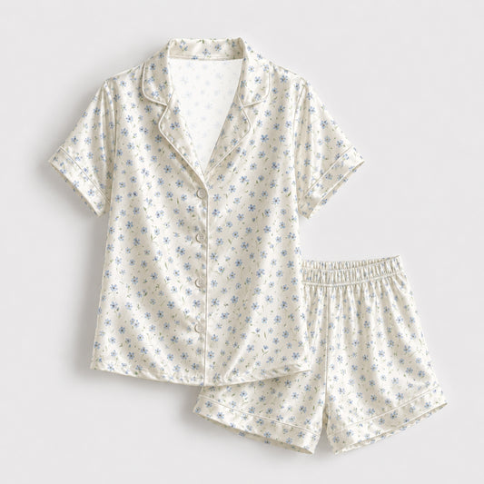 PJ-103-Couples Matching Satin Antique Botanical Pattern Pajamas French Country Bloom Theme Loungewear Sleepwear Nightwear Apparel Set FREE SHIPING