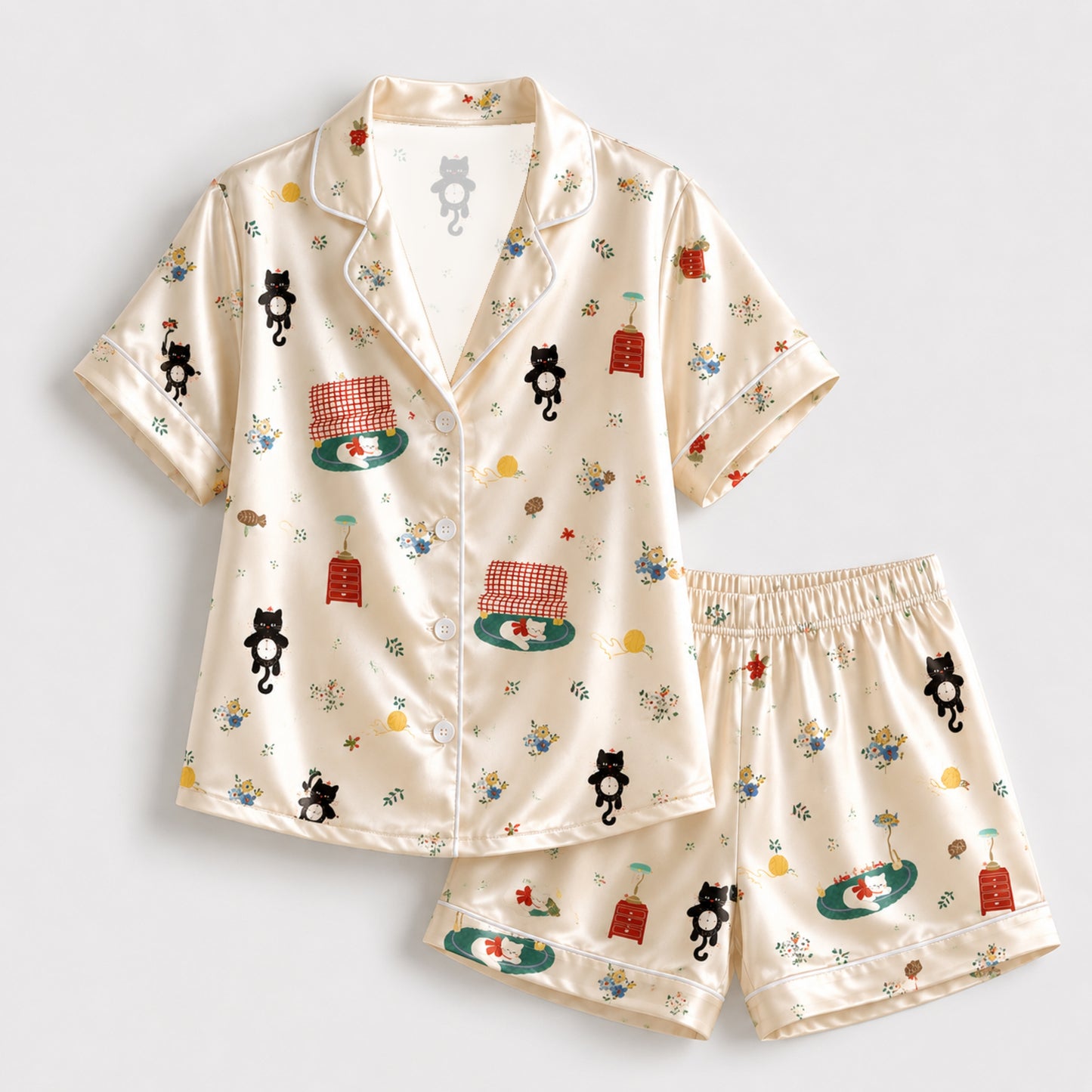 PJ-104-Unisex Cream Satin Whimsical Feline Theme Pajamas Button Up Sleepwear Nightwear Loungewear Animal Clothing Set FREE SHIPING