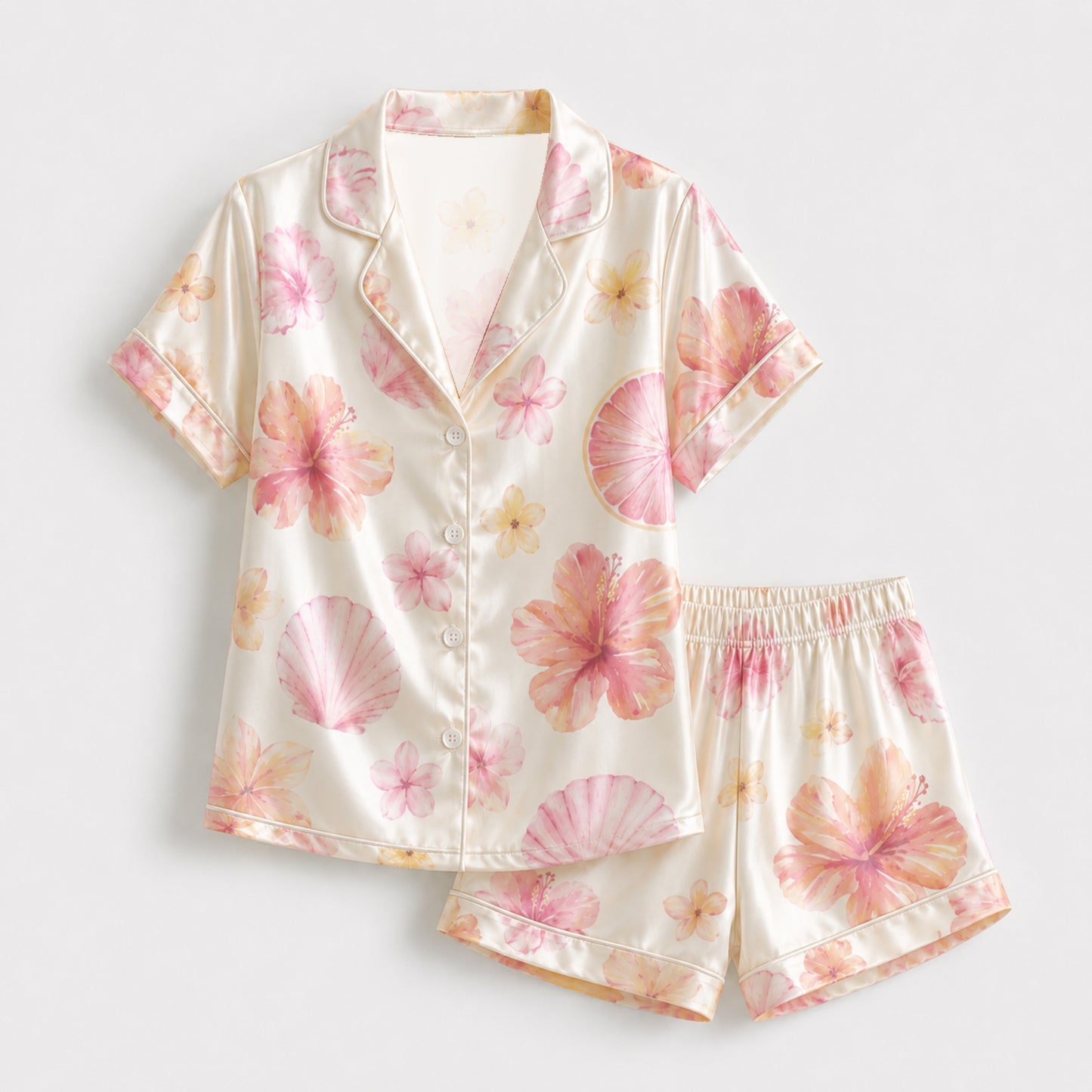 PJ-106-Satin Ivory Island Hibiscus Classic Piping Button Up Pajama Set FREE SHIPING