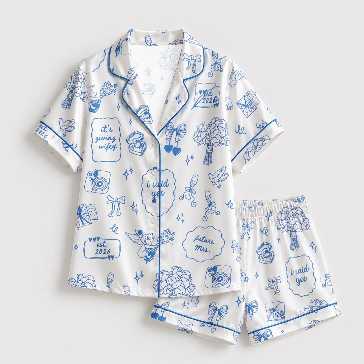 PJ-107-Unisex White Satin Future Mrs Theme Pajamas Button Up Sleepwear Nightwear Loungewear Engagement Clothing Set FREE SHIPING