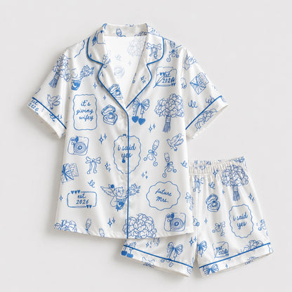 PJ-107-Unisex White Satin Future Mrs Theme Pajamas Button Up Sleepwear Nightwear Loungewear Engagement Clothing Set FREE SHIPING