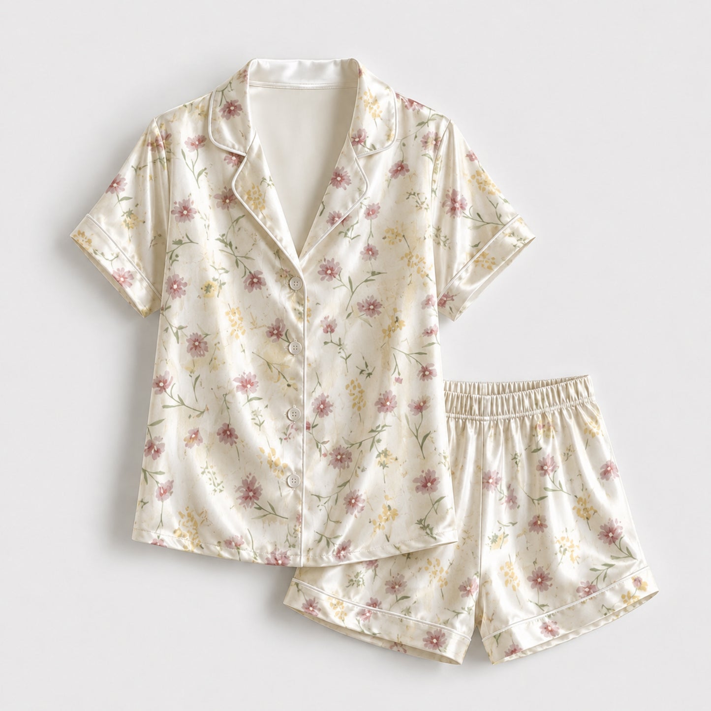 PJ-108-Pink Ditsy Floral Print Satin Pajamas Wildflower Cottagecore Loungewear Sleepwear Nightwear Pjs Two Piece Set FREE SHIPING