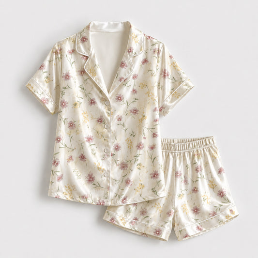 PJ-108-Pink Ditsy Floral Print Satin Pajamas Wildflower Cottagecore Loungewear Sleepwear Nightwear Pjs Two Piece Set FREE SHIPPING