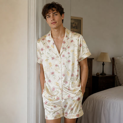 PJ-108-Pink Ditsy Floral Print Satin Pajamas Wildflower Cottagecore Loungewear Sleepwear Nightwear Pjs Two Piece Set FREE SHIPING