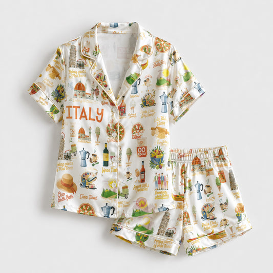 PJ-109-Unisex Italy Travel Print Satin Pajamas Vacation Positano Loungewear Sleepwear Nightwear Pjs Two Piece FREE SHIPPING