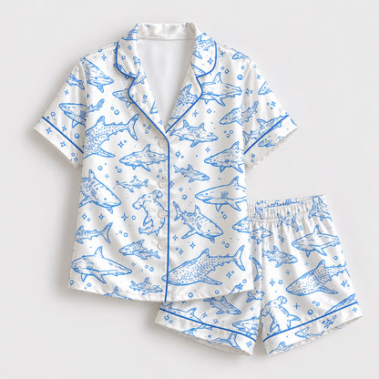 PJ-110-Unisex Men Women Cream Shark Print Satin Pajamas Nautical Great White Loungewear Sleepwear Nightwear Pjs Set FREE SHIPING