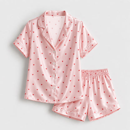 PJ-111-Unisex Men Women Pink Ditsy Heart Print Satin Pajamas Romantic Valentine Loungewear Sleepwear Nightwear Pjs Set FREE SHIPING