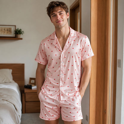 PJ-111-Unisex Men Women Pink Ditsy Heart Print Satin Pajamas Romantic Valentine Loungewear Sleepwear Nightwear Pjs Set FREE SHIPING