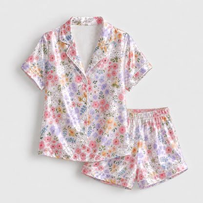 PJ-113-Pink Ditsy Floral Print Satin Pajamas Cottagecore Wildflower Loose Fit Loungewear Sleepwear Nightwear Pjs Clothing Set FREE SHIPING