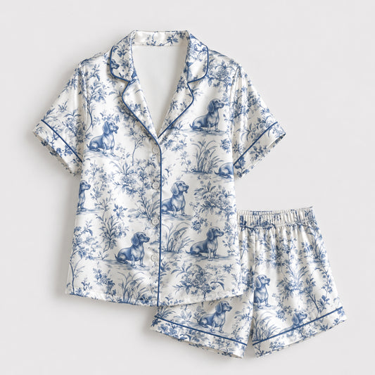 PJ-115-Satin Ivory Dachshund Toile Navy Piping Button Up Pajama Set FREE SHIPPING