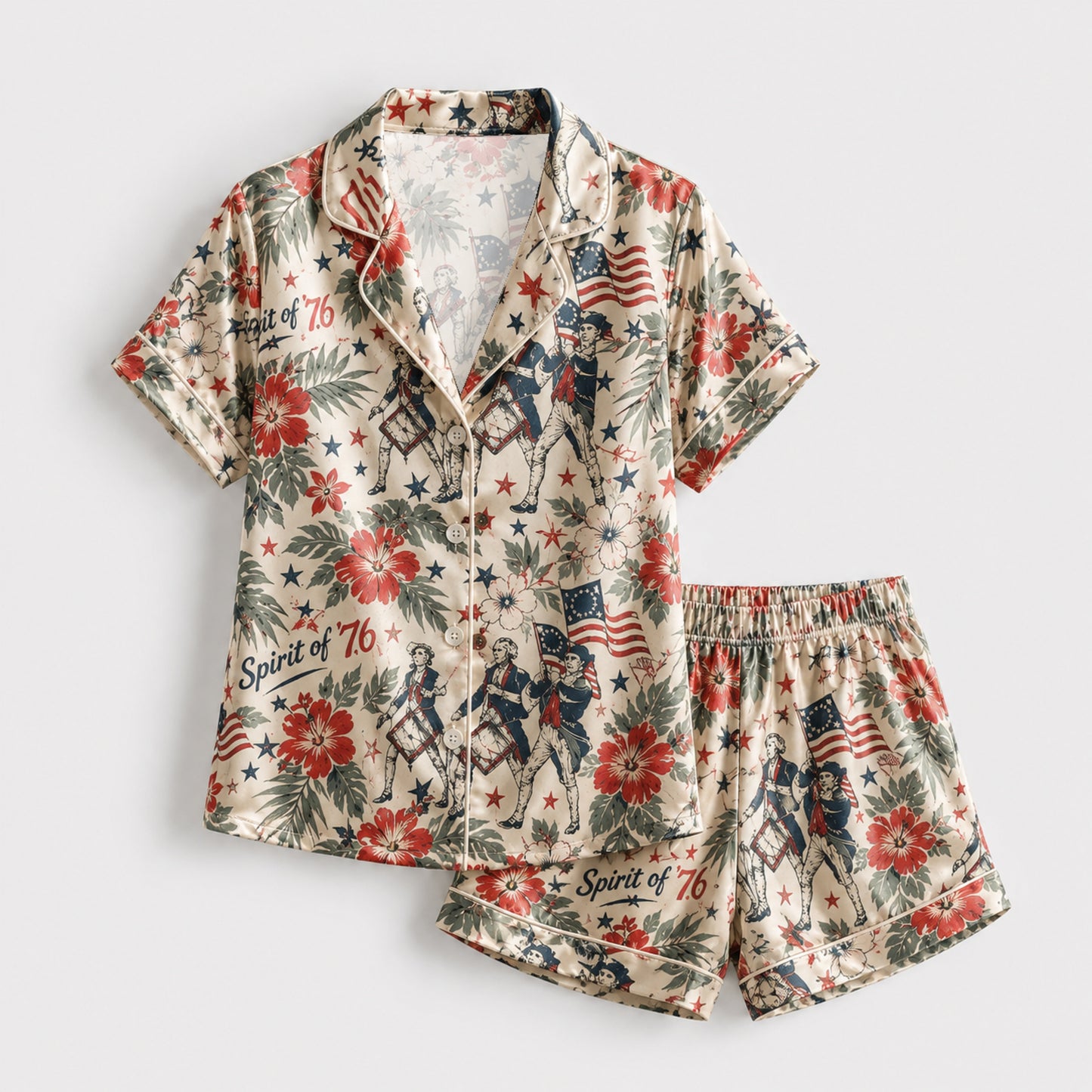 PJ-116-Satin Champagne Tropical Americana Classic Piping Button Up Pajama Set FREE SHIPING