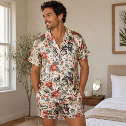 PJ-116-Satin Champagne Tropical Americana Classic Piping Button Up Pajama Set FREE SHIPING
