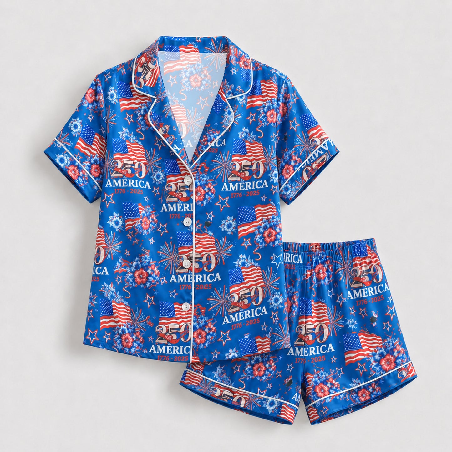 PJ-117-Patriotic Floral Satin Pajama Set With Colonial Drum Flag Print And Button Up Shirt FREE SHIPING