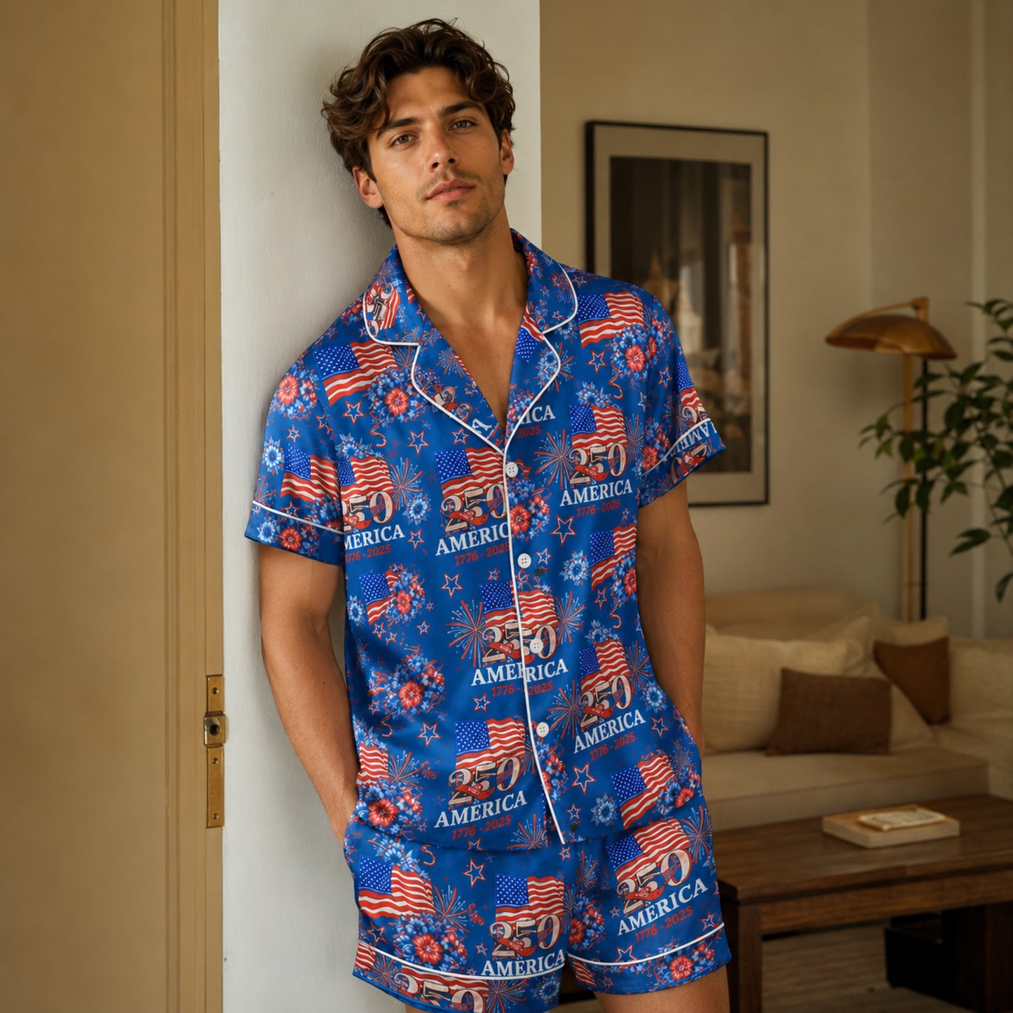 PJ-117-Patriotic Floral Satin Pajama Set With Colonial Drum Flag Print And Button Up Shirt FREE SHIPING