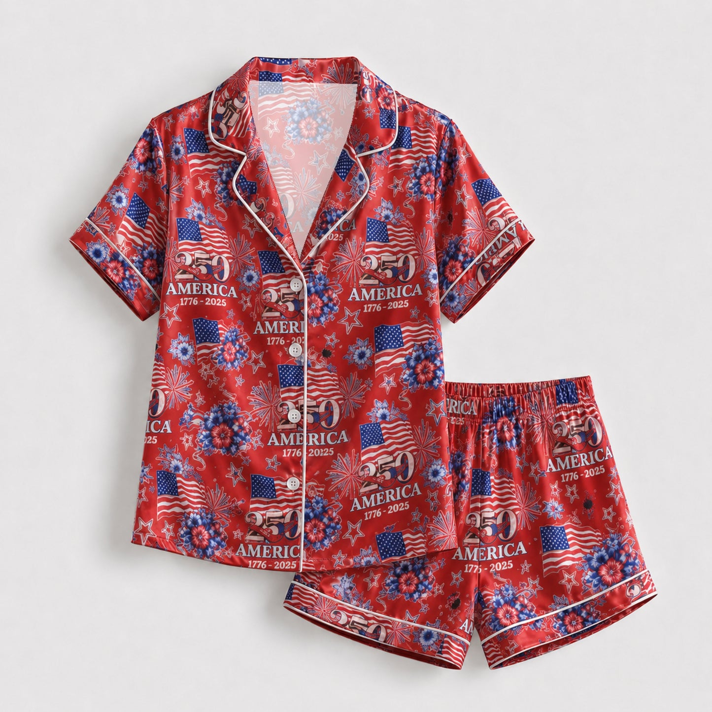 PJ-117-Patriotic Floral Satin Pajama Set With Colonial Drum Flag Print And Button Up Shirt FREE SHIPING