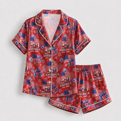 PJ-117-Patriotic Floral Satin Pajama Set With Colonial Drum Flag Print And Button Up Shirt FREE SHIPING