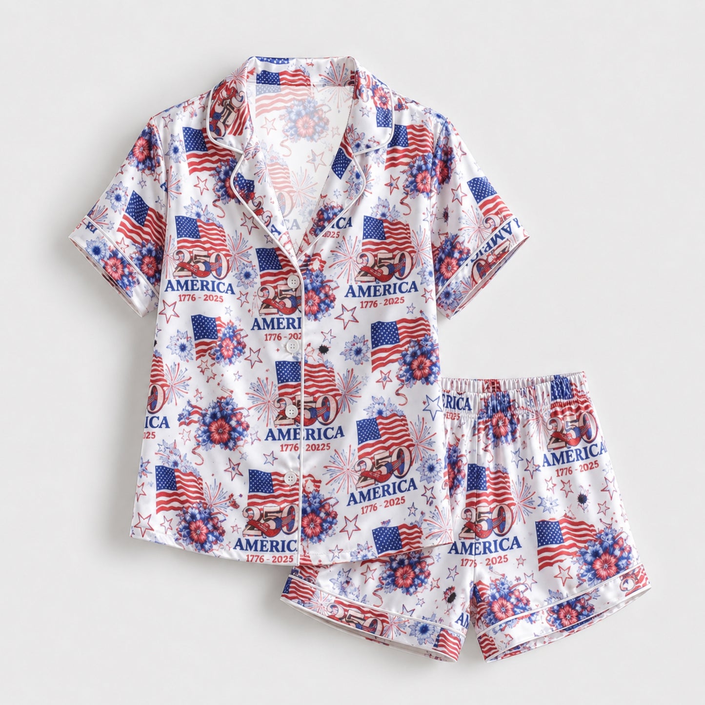 PJ-117-Patriotic Floral Satin Pajama Set With Colonial Drum Flag Print And Button Up Shirt FREE SHIPING