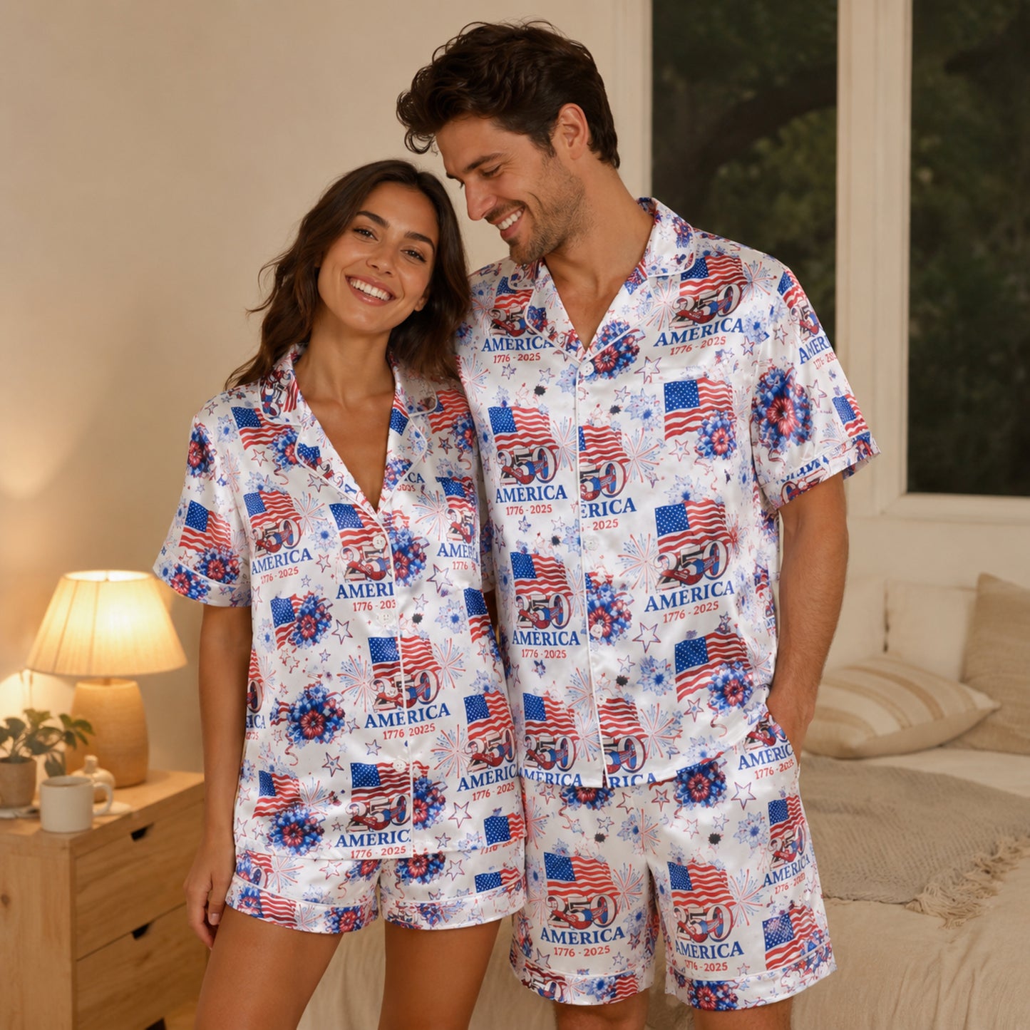 PJ-117-Patriotic Floral Satin Pajama Set With Colonial Drum Flag Print And Button Up Shirt FREE SHIPING