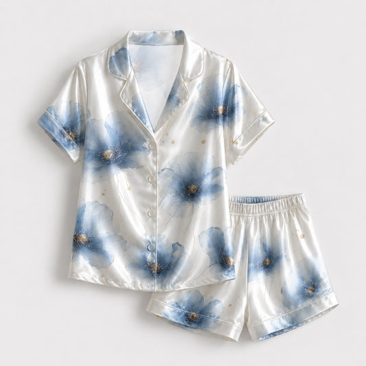 PJ-119-Watercolor Blossom Satin Pajama Set, Graphic Poppy Patterned Multicolor Unisex Loungewear Nightwear Apparel FREE SHIPPING