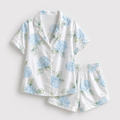 PJ-120-Unisex Hydrangea Floral Print Satin Pajamas Botanical Loungewear Sleepwear Nightwear Blue White Pjs Two Piece Set FREE SHIPING