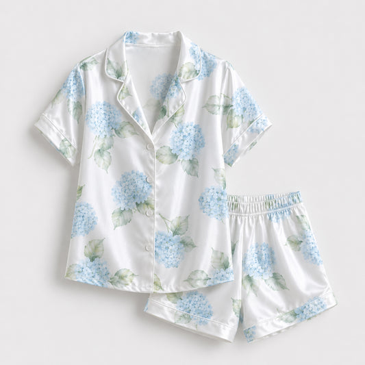PJ-120-Unisex Hydrangea Floral Print Satin Pajamas Botanical Loungewear Sleepwear Nightwear Blue White Pjs Two Piece Set FREE SHIPPING