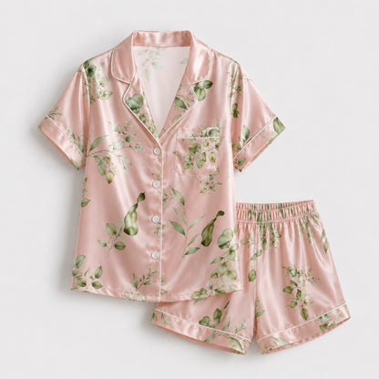 PJ-121-Unisex Eucalyptus Leaves Print Satin Pajamas Botanical Loungewear Sleepwear Nightwear Blush Pink Pjs Two Piece Set FREE SHIPING