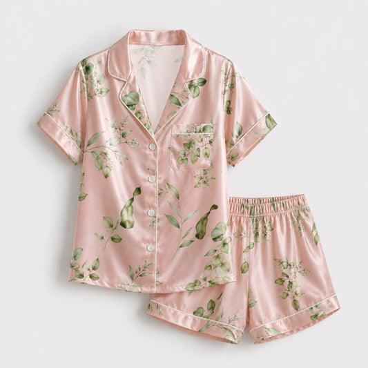 PJ-121-Unisex Eucalyptus Leaves Print Satin Pajamas Botanical Loungewear Sleepwear Nightwear Blush Pink Pjs Two Piece Set FREE SHIPPING