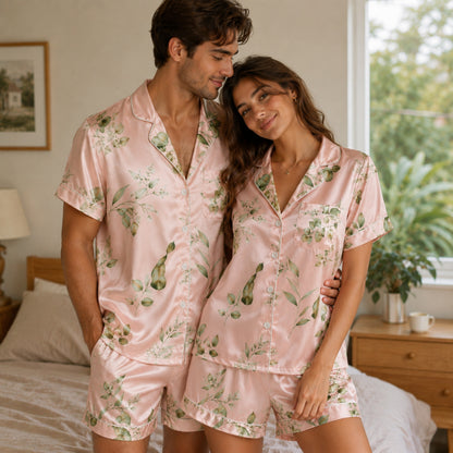 PJ-121-Unisex Eucalyptus Leaves Print Satin Pajamas Botanical Loungewear Sleepwear Nightwear Blush Pink Pjs Two Piece Set FREE SHIPING