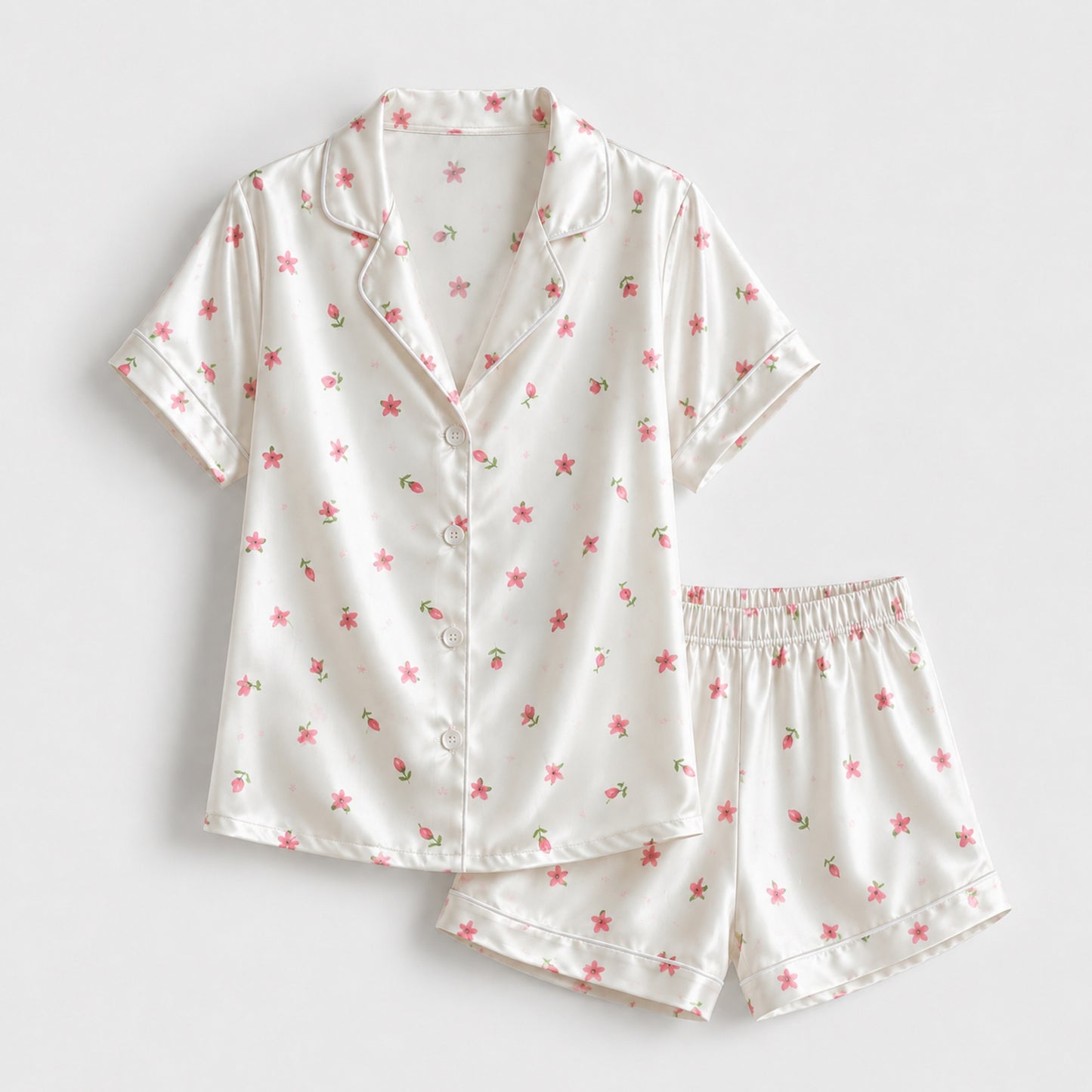 PJ-122-Women Ditsy Floral Print Satin Pajamas Tiny Blossom Loungewear Sleepwear Nightwear Pink White Pjs Two Piece Set FREE SHIPING