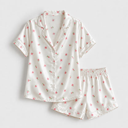 PJ-122-Women Ditsy Floral Print Satin Pajamas Tiny Blossom Loungewear Sleepwear Nightwear Pink White Pjs Two Piece Set FREE SHIPING