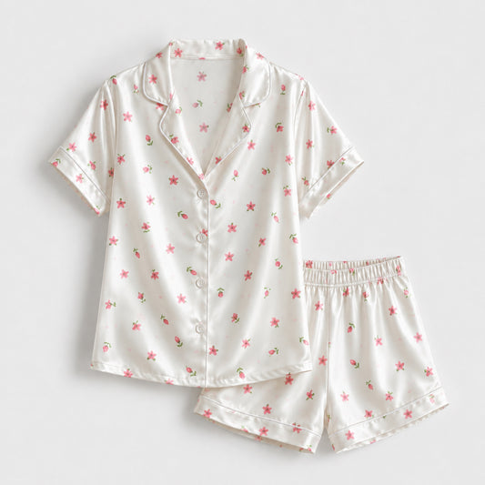 PJ-122-Women Ditsy Floral Print Satin Pajamas Tiny Blossom Loungewear Sleepwear Nightwear Pink White Pjs Two Piece Set FREE SHIPPING