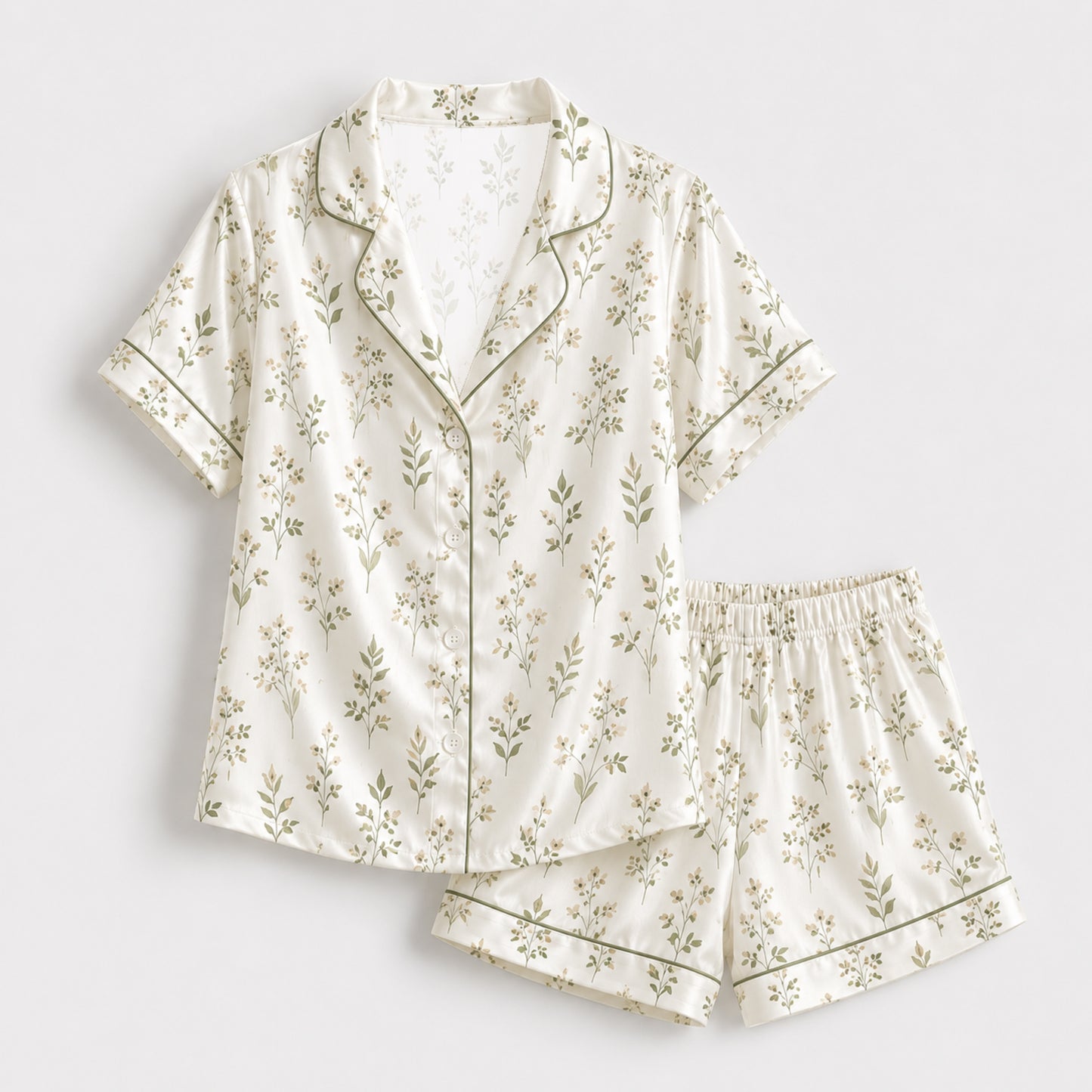 PJ-123-Cream Sage Greenery Leaf Print Satin Pajamas Cottagecore Botanical Loose Fit Loungewear Sleepwear Nightwear Pjs Clothing Set FREE SHIPING