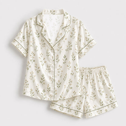 PJ-123-Cream Sage Greenery Leaf Print Satin Pajamas Cottagecore Botanical Loose Fit Loungewear Sleepwear Nightwear Pjs Clothing Set FREE SHIPING