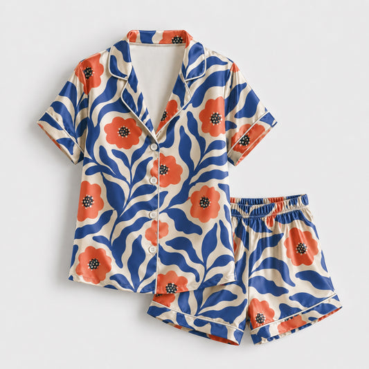 PJ-124-Abstract Botanical Pattern Pajamas Luxury Satin Cobalt Blue Leaf Theme Boxy Fit Loungewear Sleepwear Nightwear Apparel Set FREE SHIPPING
