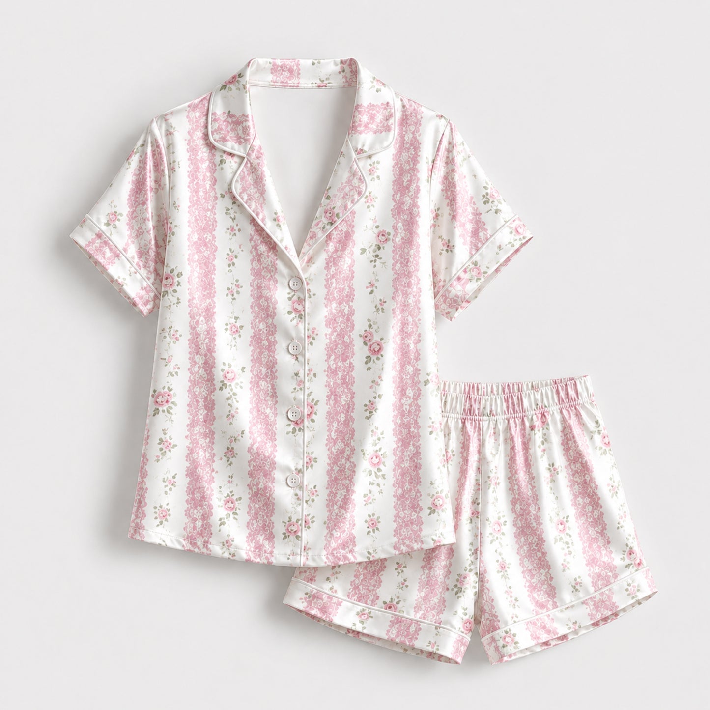 PJ-125-Vertical Floral Ribbon Pattern Pajamas Luxury Satin Cottage Garden Theme Boxy Fit Loungewear Sleepwear Nightwear Apparel Set FREE SHIPING