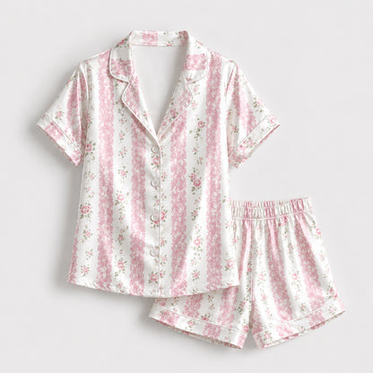PJ-125-Vertical Floral Ribbon Pattern Pajamas Luxury Satin Cottage Garden Theme Boxy Fit Loungewear Sleepwear Nightwear Apparel Set FREE SHIPING