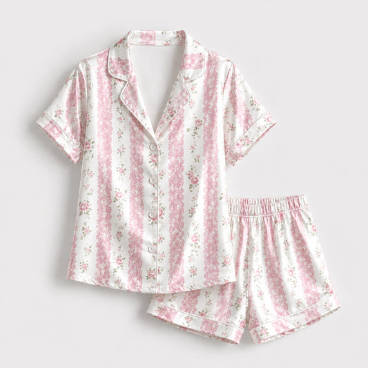 PJ-125-Vertical Floral Ribbon Pattern Pajamas Luxury Satin Cottage Garden Theme Boxy Fit Loungewear Sleepwear Nightwear Apparel Set FREE SHIPPING