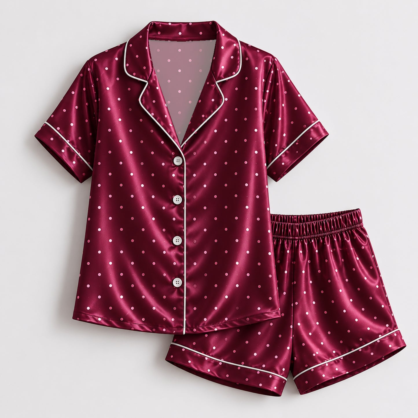 PJ-126-Women Polka Dot Print Satin Pajamas Classic Spot Loungewear Sleepwear Nightwear Burgundy White Pjs Two Piece Set FREE SHIPING