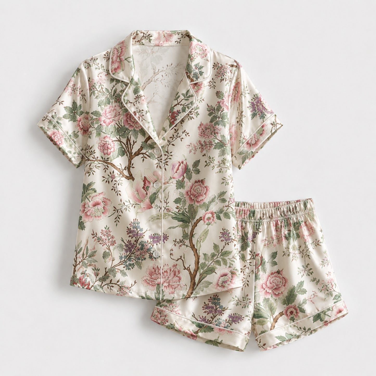 PJ-127-Cream Chinoiserie Peony Floral Print Satin Pajamas Oriental Blossom Loose Fit Loungewear Sleepwear Nightwear Pjs Clothing Set FREE SHIPING