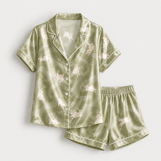PJ-129-Sage Green Rabbit Bunny Print Satin Pajamas Whimsical Starry Loose Fit Loungewear Sleepwear Nightwear Pjs Clothing Set FREE SHIPPING