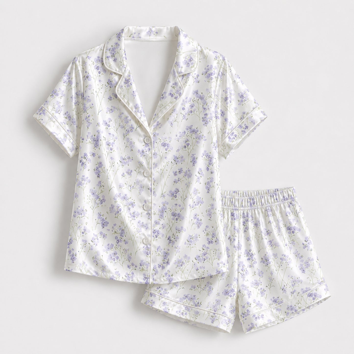PJ-130-Purple Botanical Pattern Pajamas Luxury Satin Ditsy Blossom Theme Boxy Fit Elegant Loungewear Sleepwear Nightwear Apparel Set FREE SHIPING