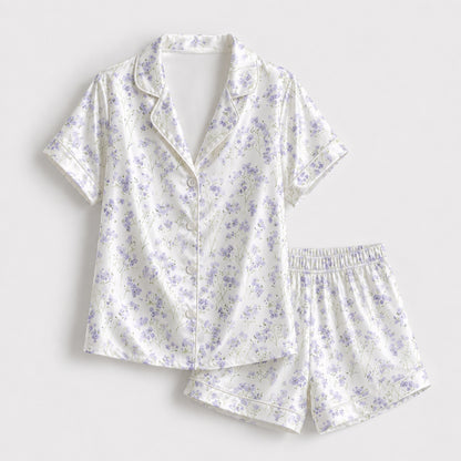 PJ-130-Purple Botanical Pattern Pajamas Luxury Satin Ditsy Blossom Theme Boxy Fit Elegant Loungewear Sleepwear Nightwear Apparel Set FREE SHIPING