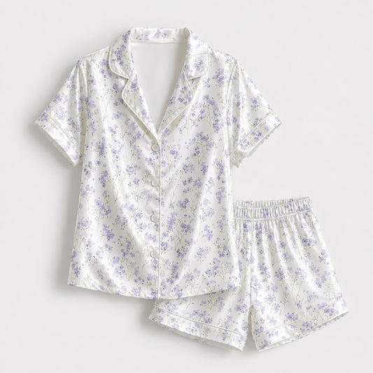 PJ-130-Purple Botanical Pattern Pajamas Luxury Satin Ditsy Blossom Theme Boxy Fit Elegant Loungewear Sleepwear Nightwear Apparel Set FREE SHIPPING