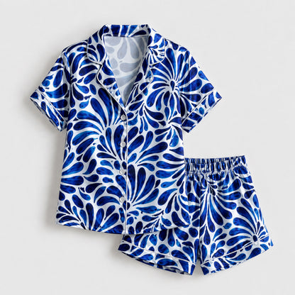 PJ-131-White Blue Abstract Floral Print Satin Pajamas Mediterranean Petal Loose Fit Loungewear Sleepwear Nightwear Pjs Set FREE SHIPING