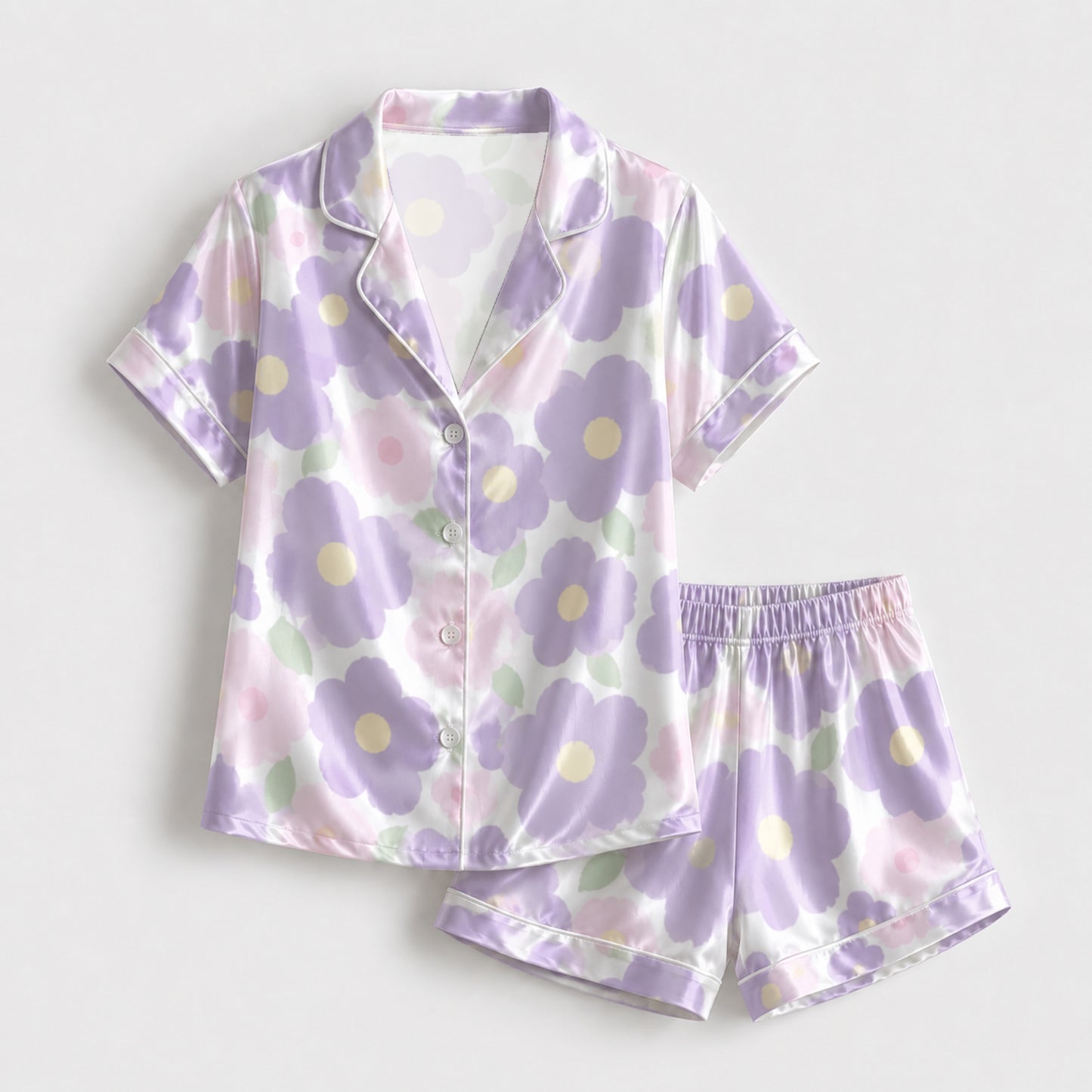 PJ-132-Abstract Botanical Pattern Pajamas Luxury Satin Pastel Violet Theme Boxy Fit Loungewear Sleepwear Nightwear Apparel Set FREE SHIPING