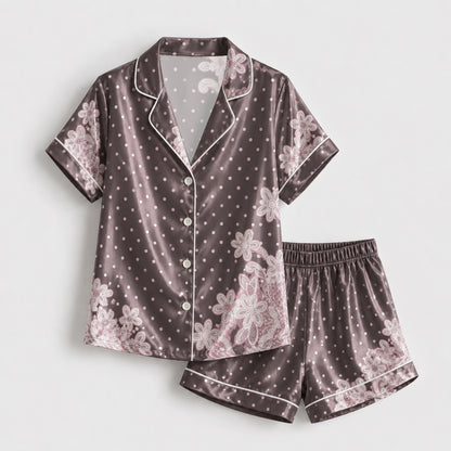 PJ-133-Women Polka Dot Satin Pajamas Floral Border Pattern Loungewear Sleepwear Nightwear Brown Taupe Pjs Matching Set FREE SHIPING