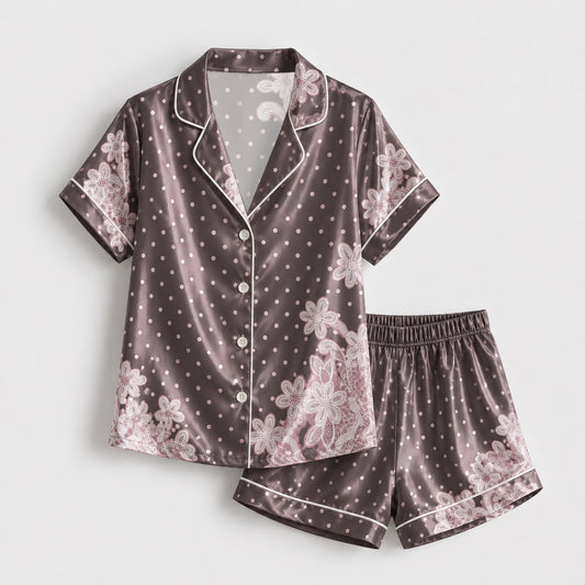 PJ-133-Women Polka Dot Satin Pajamas Floral Border Pattern Loungewear Sleepwear Nightwear Brown Taupe Pjs Matching Set FREE SHIPPING