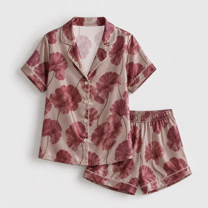 PJ-134-Romantic Floral Satin Pajama Set, Mauve Flower Button Up Nightwear, Cozy Matching Set FREE SHIPING