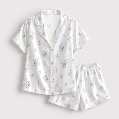 PJ-135-Minimal Blue Floral Satin Pajama Set, White Button Up Shirt, Delicate Botanical Sleepwear Gift FREE SHIPING