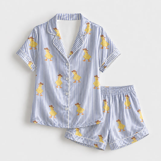 PJ-136-Blue Striped Duck Satin Pajama Set, Silky Button Up PJs, Cute Animal Print Sleepwear, Matching Lounge Set Gift FREE SHIPING